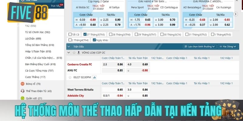 Hệ thống môn thể thao hấp dẫn tại nền tảng
